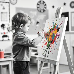 black and white photo of a kindergarten classroom where a 6 year old child flings colorful paint from a paint can at a white canvas on an easel making an incredible complex cutting-edge expressionist small mosaic ink drip color paint splatter artwork worthy of Jackson Pollock, mixed media, color pop