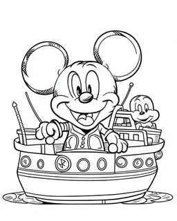 outline art for Mickey Mouse Steam Boat coloring page, Japanese manga style, cartoon style, cute face, white background sketch style, full body is a must, only use outline, clean line art, no shadow, bold outline