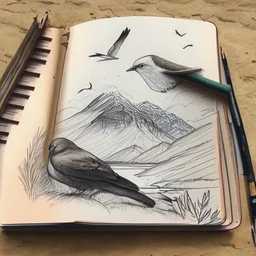 drawing in a sketch book of a landscape with mountains and a bird sitting in the forground.