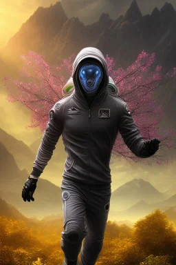 running alien portrait , black jogging suite , in the sunset Alps, golden light , holding leaves and flowers , angels background, volumetric light, high detail, dark leaf tree, dark mountains in background, perfect