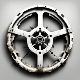 post-apocalyptic steering wheel icon in white color over the back background, stylized