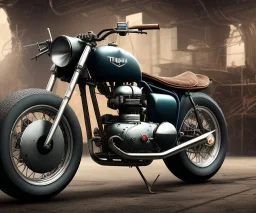 technical design study, oldschool 1960s triumph bobber bike, ratrod style, short tailpipe, stylized garage interior background, hdr, uhd, 8k, dof, center camera, perspective view, pivot on triumph, by paul meijering