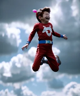 Ultra realistic clouds sky scene, medium shot view, portrait, sweet Childs, free jumping flying, trinkets, monster hair, jelly beans, balls, smile, happy, Peter Pan style, inflatable color clothing, extreme, wind, clouds sea, 20,000 feet altitude, stratosphere, soft color, highly detailed, unreal engine 5, ray tracing, RTX, lumen lighting, ultra detail, volumetric lighting, 3d, finely drawn, high definition, high resolution.