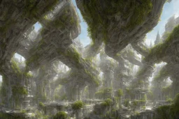 A futuristic alien city, with balconies, verandas, many arches, bridges, spires, paths, trees, dense foliage, spanish moss, ivy, river, blue sky, white clouds