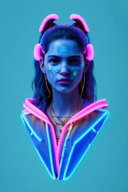 Ultra Realistic image, Rosalía artist, waist up portrait, black eye line, angry face , gold pink and blue geisha style, spray line make up, geometric, led lights, neon, rings piercing, led ornament, fog, bubble latex coat, vibrant color, highly detailed, art stations, concept art, smooth, unreal engine 5, god rays, ray tracing, RTX, lumen lighting, ultra detail, volumetric lighting, 3d, finely drawn, high definition, high resolution.