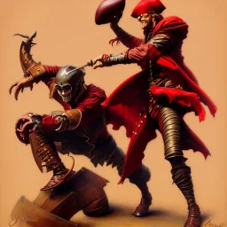 A pirate in dark red armor, throwing a football, style by peter mohrbacher, donato giancola, joseph christian leyendecker, wlop, boris vallejo