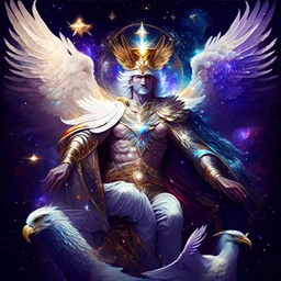 God-like man with infinite power who owns the galaxies and wears a beautiful crown, a jewel of diamonds and galaxies with weapons riding on a creature with an eagle head and eagle wings and eagle hands