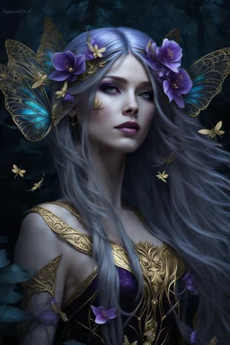 Violet hair, bronze, gold blonde hair , dark gold ,goldy,gold, Fairy wings,long hair,water lilies,dark fairy princess,nymph,elven crown,dragonflies,tiara,,gothic,glitter,rapunzel hair, very long hair, sparkle,night,fireflies,butterflies,orchids,dark gold,