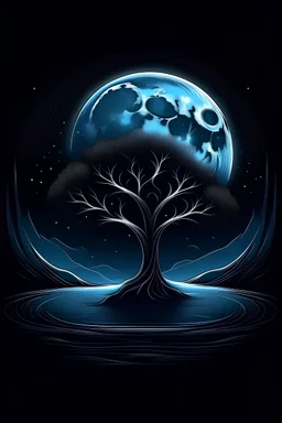 "Create an AI logo design for a T-shirt featuring the allure of moonlight in a dark night. Craft an image where the moonlight pierces the darkness, revealing a silhouette of a tree against a starry sky. The contrast should convey a sense of mystery and tranquility."