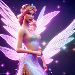 beautiful fairy in a galactic ambiance, transparent wings, delicate colors, finely tuned detail, ultra high definition, 8 k, unreal engine 5, ultra sharp focus