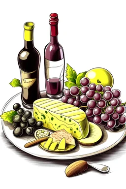 wine platter drawing with cheese salami and grapes