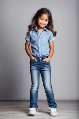 Little 8 years old 1girl wearing a pretty shirt and jean pant, standing pose