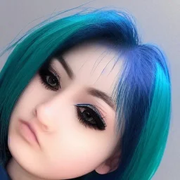 15 year old girl with mid length dark blue hair and anime eyeliner In very realistic style. Blush and highlighter and long eyelashes