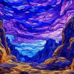 A purple cavern in the cloudy sky designed in ancient Greek mosaics painted by Vincent van Gogh