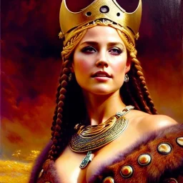 portrait beautiful face viking queen,braids,,busty,blonde,smiling,horned helmet,ancient leather armor, balanciaga fashion clothe painting by gaston bussiere, greg rutkowski, yoji shinkawa, yoshitaka amano, tsutomu nihei, donato giancola, tim hildebrandt, oil on canvas, cinematic composition, extreme detail,fit full head inside picture,16k