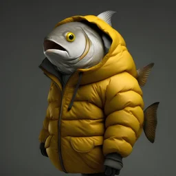 A fish wearing a fpuffy jacket
