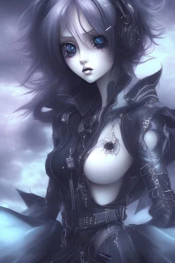 Stunning anime goth with striking looks in a stormy background