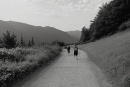 walking along a path that winds towards the top of a mountain, it is summer, photography taken with a Leica camera and 50mm lens, real photography in black and white, nostalgia