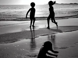 children playing on the Indian beach capture them against the sun and make an art silhouette, hyper details, real sharp, 8k, well detailed, well shaped