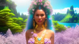 Photo realistic portrait of a gorgeous smiling skinny polynesian goddess with a golden dark shining skin, long smooth clear turquoise blue and pink white hair, blue eyes, in a sci-fi outfit with luminous strikes blowing a kiss in a hill of flowers with sakura trees, a waterfall, a crystal palace, loads of mini flowers, moss, sun rays through the branches, particles in the air at spring