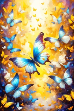 vibrant psychedelic oil painting image, airbrush, 64k, cartoon art image of background YELLOW and WHITE BUTTERFLIES , futurism style