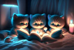 bioluminescent cute soft anime chibi kittens in a bedroom, reading a book by candlelight on the bed, highly detailed 3D