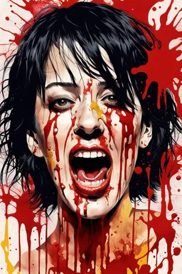 Digital illustration of 90s graphic design collage in Giallo highbrow artistic style portrait of italian actress Asia Argento, beautiful and young, covered in splattered blood, screaming, her eyes wide in terror, anime semi-realistic, exaggerated realism, macabre fine art, hardcore gore, horrorcut v.2, kandinsky 2.2,