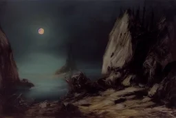 night, forest, cliff, 2000's gothic horror movies influence, friedrich eckenfelder and willem maris impressionism paintings