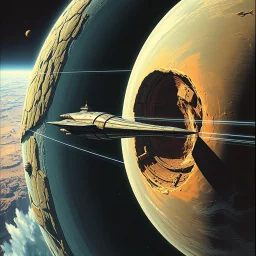 Sci-fi, science fiction interplanetary technology, oddly shaped spaceship with a vertical ring gravity drive propulsion in shipping lanes between two terraformed concave planets, by Syd Mead, by Norman Bel Geddes, by Petros Afshar, sci-fi illustration, intricate and detailed textures, unique, space travel fantasy