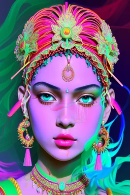 [vaporwave, straws, flows, colorful] Another figure approached. The ornamented headdress and anklets exuded the sound that alerted me. I concluded that it was an Indian girl, which gave me thoughts about my location. She drank and left.