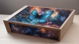 a box 10 cm long by 5 cm wide and 25 cm high, drawn on a box on all sides, butterfly nebula, space, tress, planets,, realistic