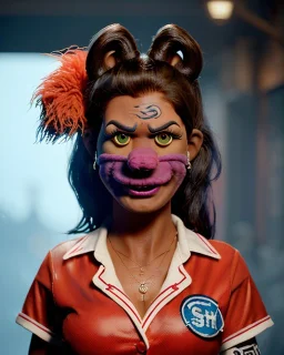 hybrid character, waitress sexy woman with monster muppet mask that covers her entire head, short shirt, tray, beer, old school tattoo, retro style, Sesame Street style, hot, smooth, unreal engine 5, god lights, ray tracing, RTX, lumen lighting, ultra detail, volumetric lighting, 3d.