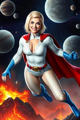 Karen Starr, full body, superhero landing pose, young athletic white female, crew cut bleach-blonde hair, blue eyes, thick black eyebrows, round face, semi-pointed chin, muscular build. Wearing white long-sleeved bodysuit with high collar with plunging neckline, blue elbow gloves, red belt with gold buckle, red cape, blue knee boots. Big smile. Background: outer space, planets, stars, galaxies, fire, explosions, volcanic lava, craggy peaks. Photorealistic