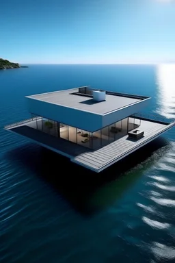 Floating modern house on the calm sea. Aerial view.