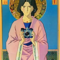 patron of photographers. holding a camera in hands. orthodox icon with saint photographer. Cyrillic inscriptions. hyperdetailed, Alphonse Mucha, Zdzisław Beksiński, poster, illustration, ink, oil on canvas, 18th century atlas