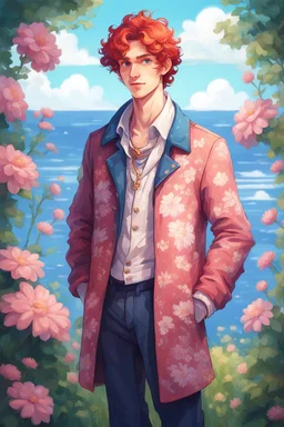 kind young sailor, man, red slightly curly hair, long jacket, pink-azure clothes, white floral pattern on the jacket, flower in the hair, stardew valley style
