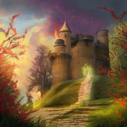  Castle into sky, with flowers of fire. Green clouds and birds. Shy girl going out of the main gate. Detailed painting, sharp color, medieval, intricate detail, far sceen, realistic colors, medieval concept art. spring.