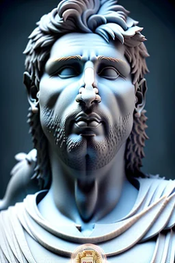 Ultra Realistic image, Roman sculpture, white marble material, Lionel Messi, sun radial crown, chisel style, waist up portrait, epic, celestial, cinematic lighting, God light, god rays, 4k resolution, smooth details, ornate details, soft lighting, unreal engine 5, marble background.