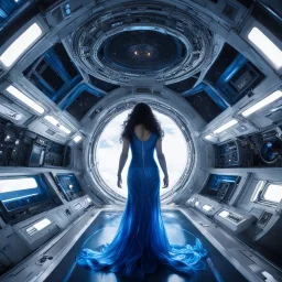 wide-angle photo of a woman in an electric blue dress, with long glowing blue wavy hair, on a space station with views into space