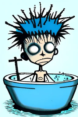 2d drawing of a stickman, cool with punk hair, x eyes like in hangman, in luxury jacuzzi ,3d realistic in colour