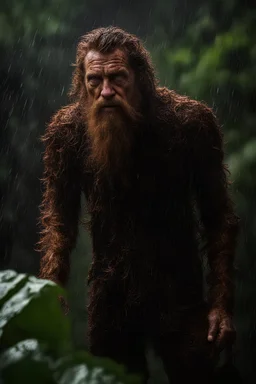 very auburn-hairy handsome-Welsh human-creature in tropical jungle during a rainstorm, detailed photograph, Nikon lens