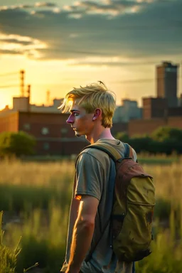 A profile photo of a handsome fifteen year old boy wearing an old backpack standing in a field with an abandoned city skyline in the background, short blond hair, ripped tank top and torn shorts, sunset, tall grass, bright colours, lonely landscape, cinematic photography, high resolution, high quality, highly detailed.