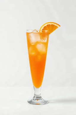 a beautiful realistic tall glass with an orange cocktail, ice in the glass, droplets of moisture running down the glass, on a white background