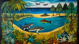 An indigo island with sharks designed in Australian aboriginal art painted by Paul Gauguin