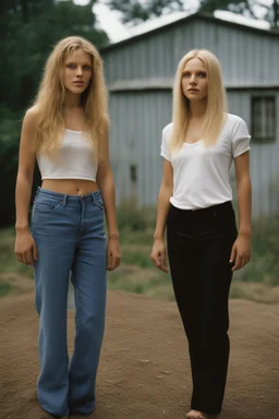 Create a portrait of two very different young women. Standing pose. One is slim and high with blond hair and blue eyes, and the second one is from Africa. Women look into eyes each other. Photo taken by a Mamiya M645 camera with a portrait lens on classic medium-format film