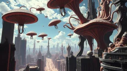 a stunningly weird image of a futuristic metropolis using Salvador Dali's paranoiac-critical method, where buildings and structures appear to melt into the skyline like melting ink. The cityscape is filled with floating medusas and mad, twisted shapes that interact with the buildings and each other, forming a surreal tableau of a dreamlike reality. Capture the essence of the scene in a cinematic manner, with dramatic shadows and vibrant colors that enhance the distorted perspectives and bizarre