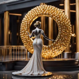 A magnificent golden and silver heart-shaped sign adorned with a stunning golden sphere encrusted with sparkling diamond clusters at its center, elegantly spinning in position,a golden statue of a girl in standing pose