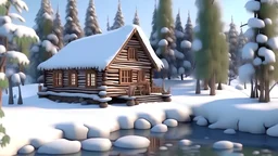 this small log cabin is snow covered during the day with christmas decorations and trees inthe background with a small river bank in 8k