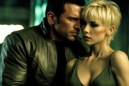 Jason David Frank as Handsome Alpha male short dark hair hugging pretty blonde shorthaired sad girl crying, photo realistic, modern dark fantasy