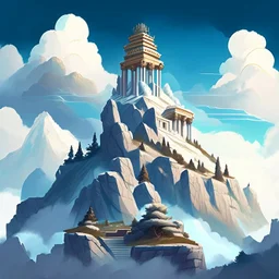 Mount Olympus from the greek mythology. Temples high up in the mountains. Cloudy and mysterious. Illustration. detailed.